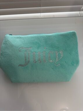 Juicy Couture Teal Mint Blue Velour Velvet Cosmetic Bag Soft Rhinestone
